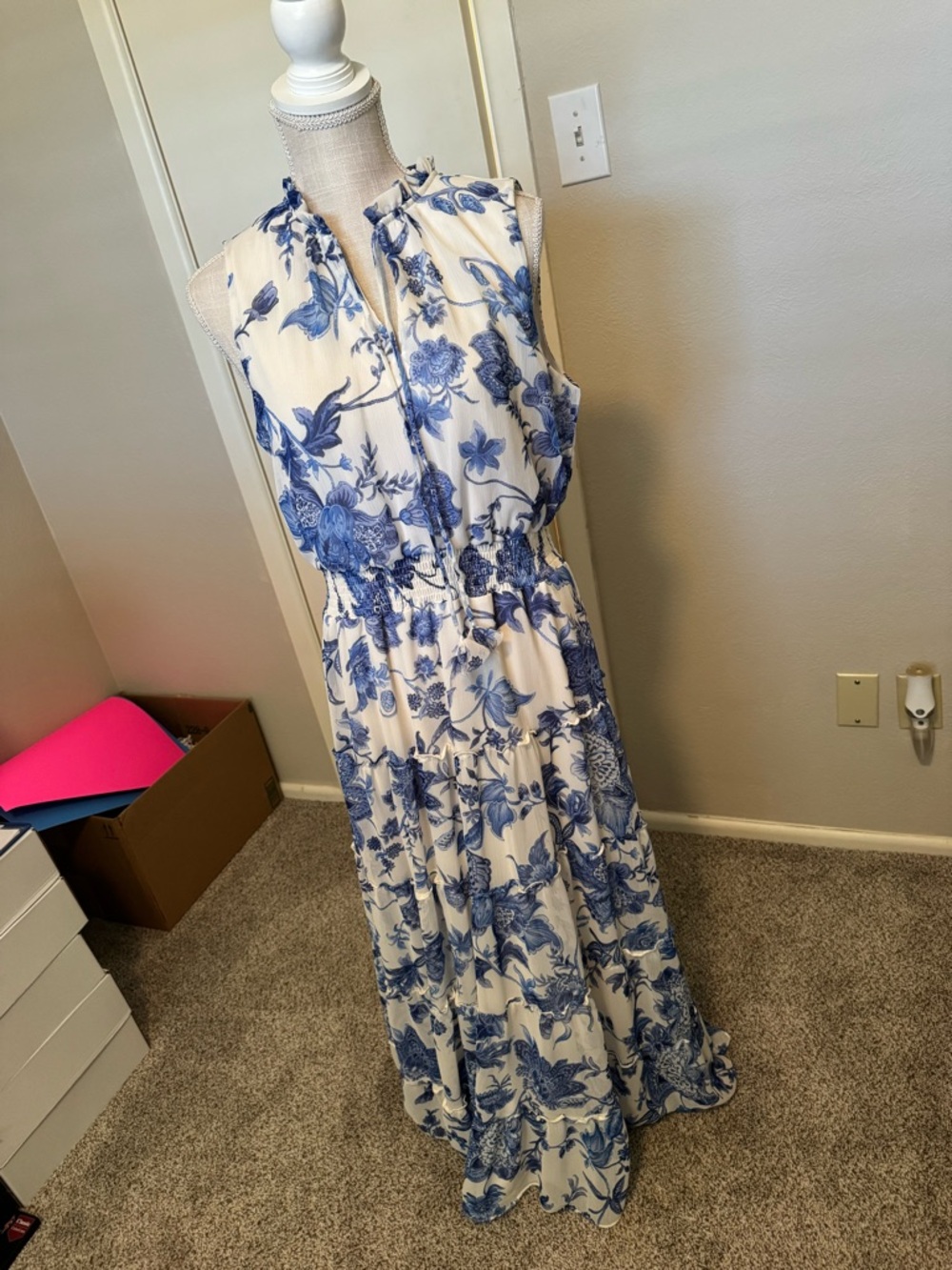 1. State White Maxi Dress with Blue Floral Print